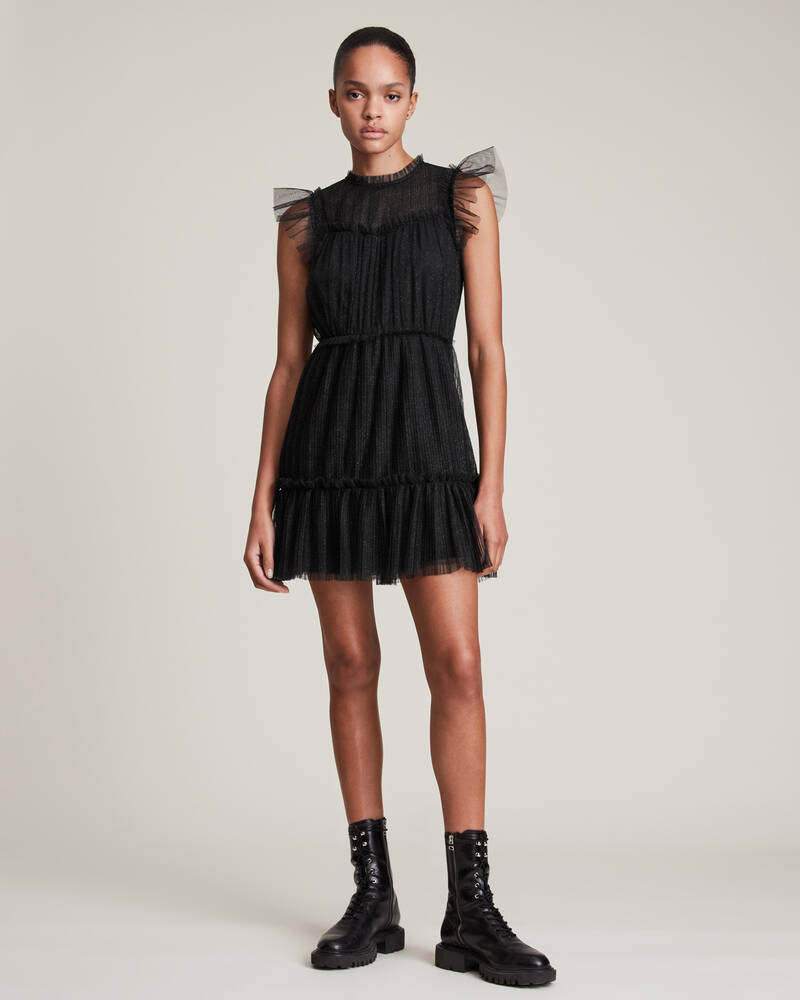 Metallic Black Allsaints Perri Tulle Mini Dress | WD340V-7133