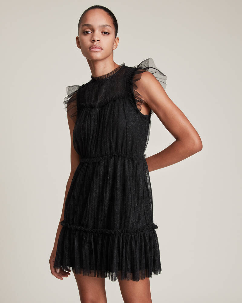 Metallic Black Allsaints Perri Tulle Mini Dress | WD340V-7133