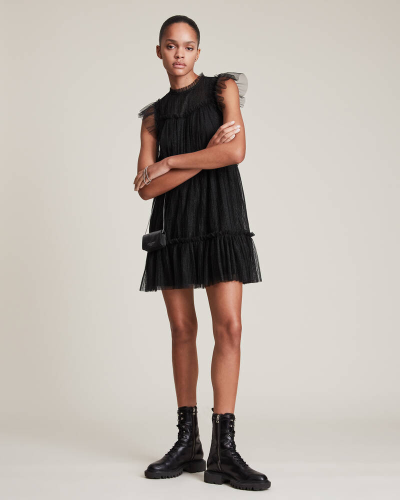 Metallic Black Allsaints Perri Tulle Mini Dress | WD340V-7133