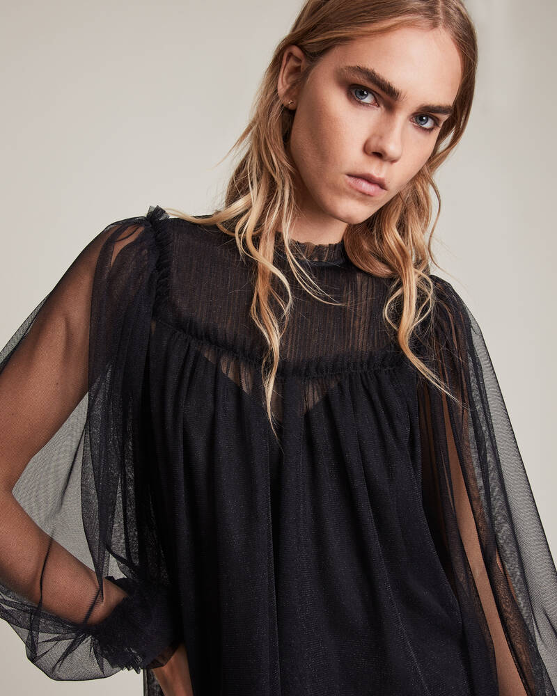 Metallic Black Allsaints Perri Tulle Top | WM271V-7133