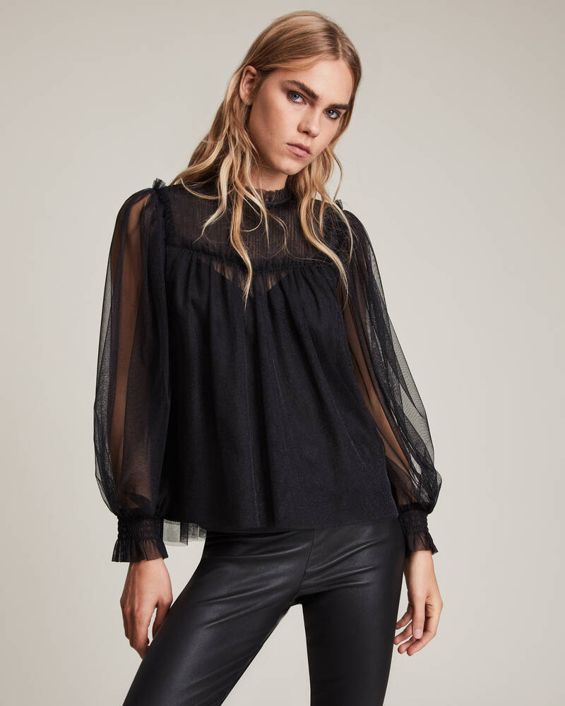 Metallic Black Allsaints Perri Tulle Top | WM271V-7133