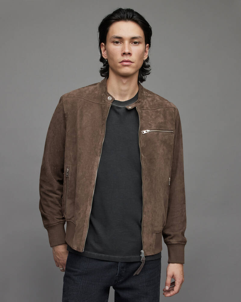 Mink Brown Allsaints Olmo Tab Collar Suede Jacket | ML054X-5731