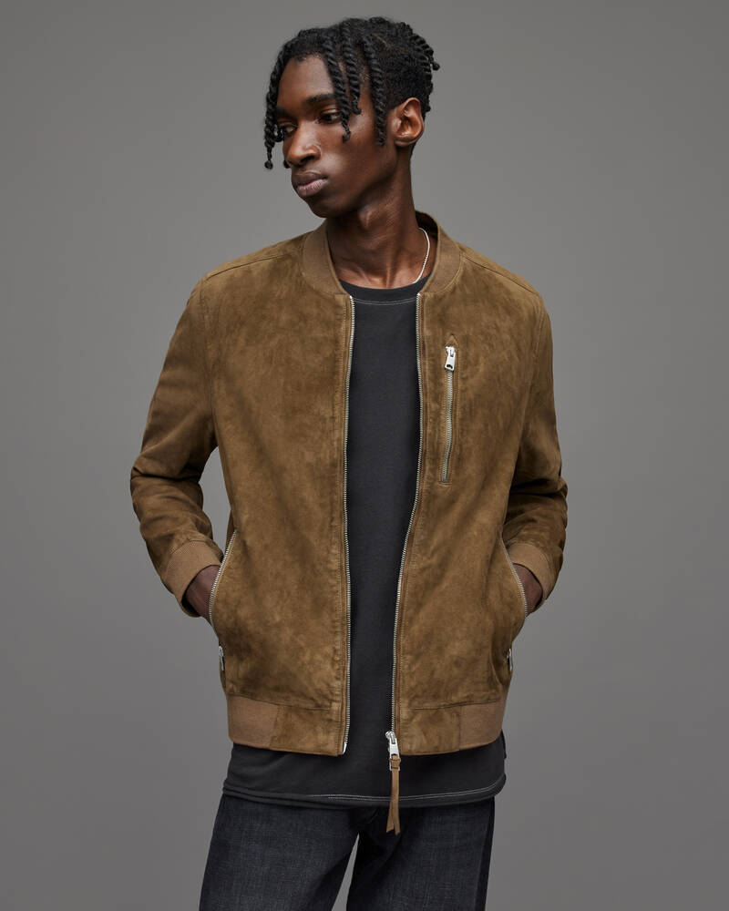 Olive Branch Green Allsaints Kemble Suede Bomber Jacket | ML036X-7809