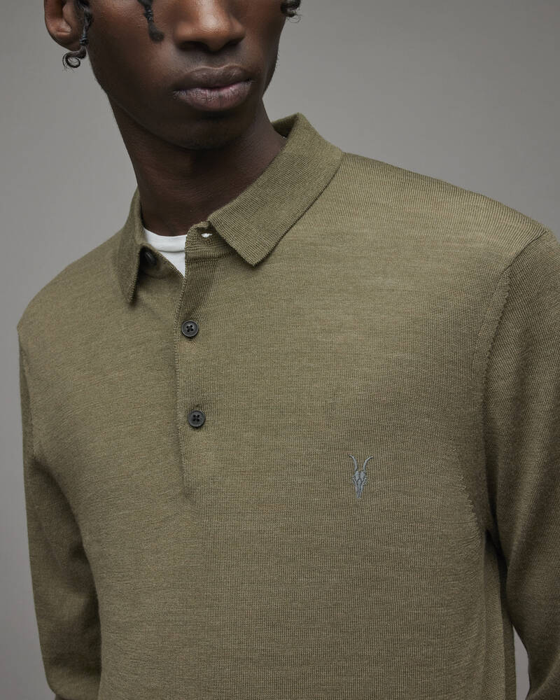 Olive Green Marl Allsaints Mode Merino Long Sleeve Polo Shirt | MK179X-4129