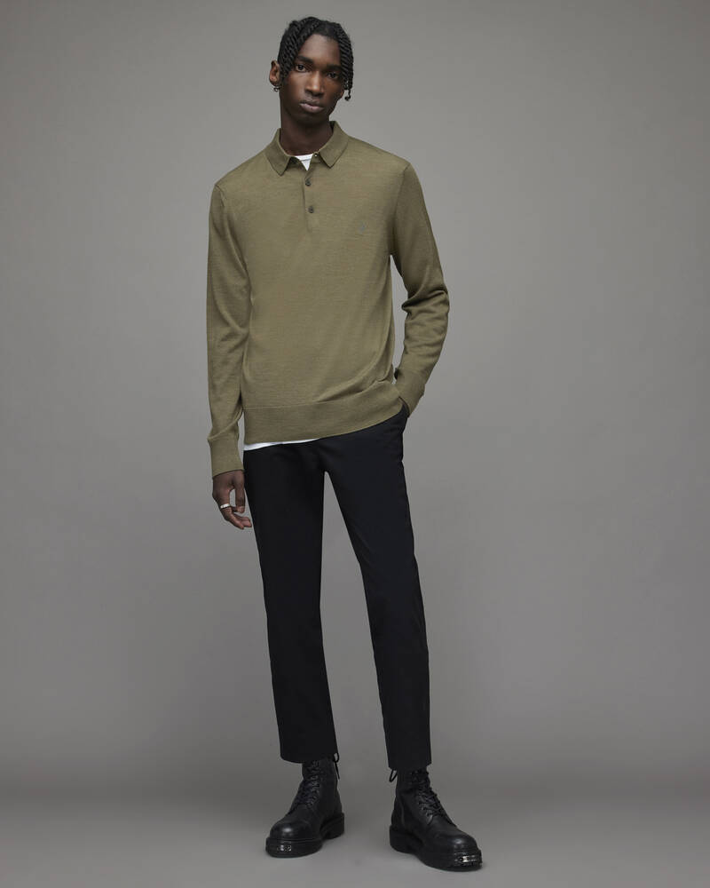 Olive Green Marl Allsaints Mode Merino Long Sleeve Polo Shirt | MK179X-4129