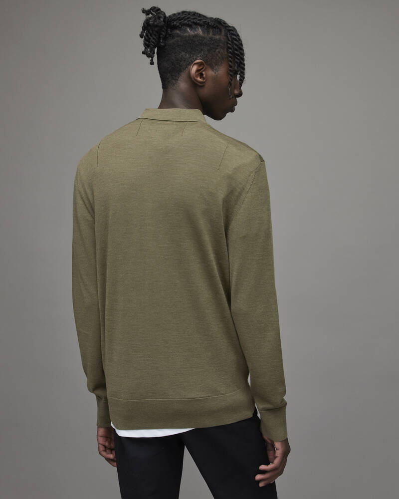 Olive Green Marl Allsaints Mode Merino Long Sleeve Polo Shirt | MK179X-4129