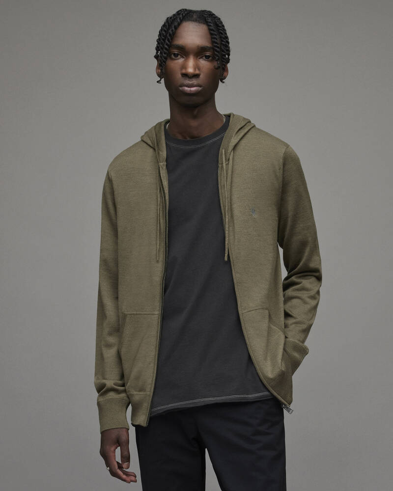 Olive Green Marl Allsaints Mode Merino Zip Hoodie | MK062X-4129