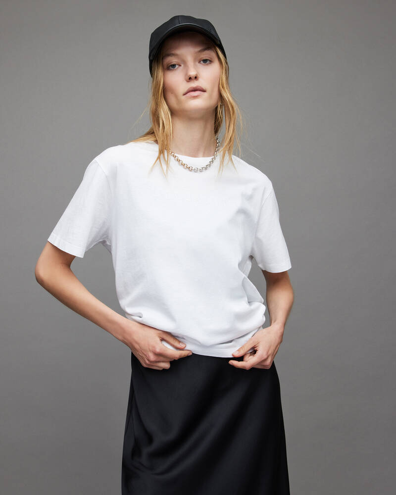 Optic White Allsaints Pippa Embroidered Boyfriend T Shirt | WM109W-437