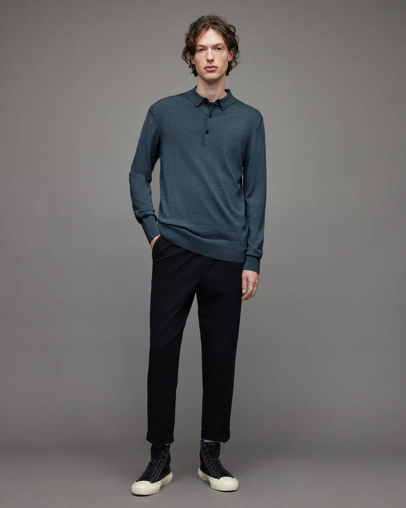 Shadow Blue Allsaints Mode Merino Long Sleeve Polo Shirt | MK072X-4777