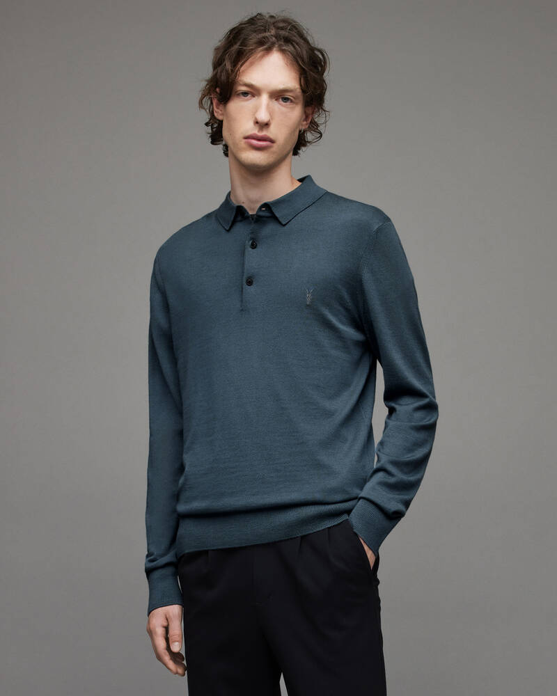 Shadow Blue Allsaints Mode Merino Long Sleeve Polo Shirt | MK072X-4777