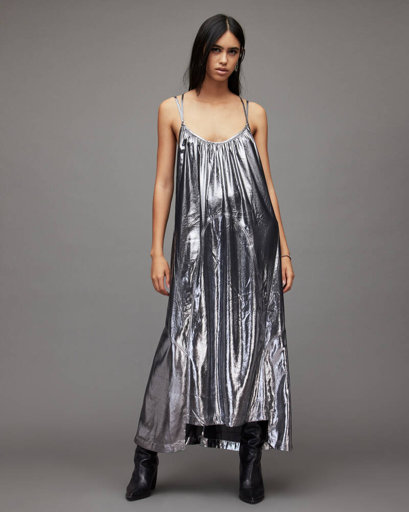 Silver Allsaints Areena Metallic Maxi Dress | WD258X-34