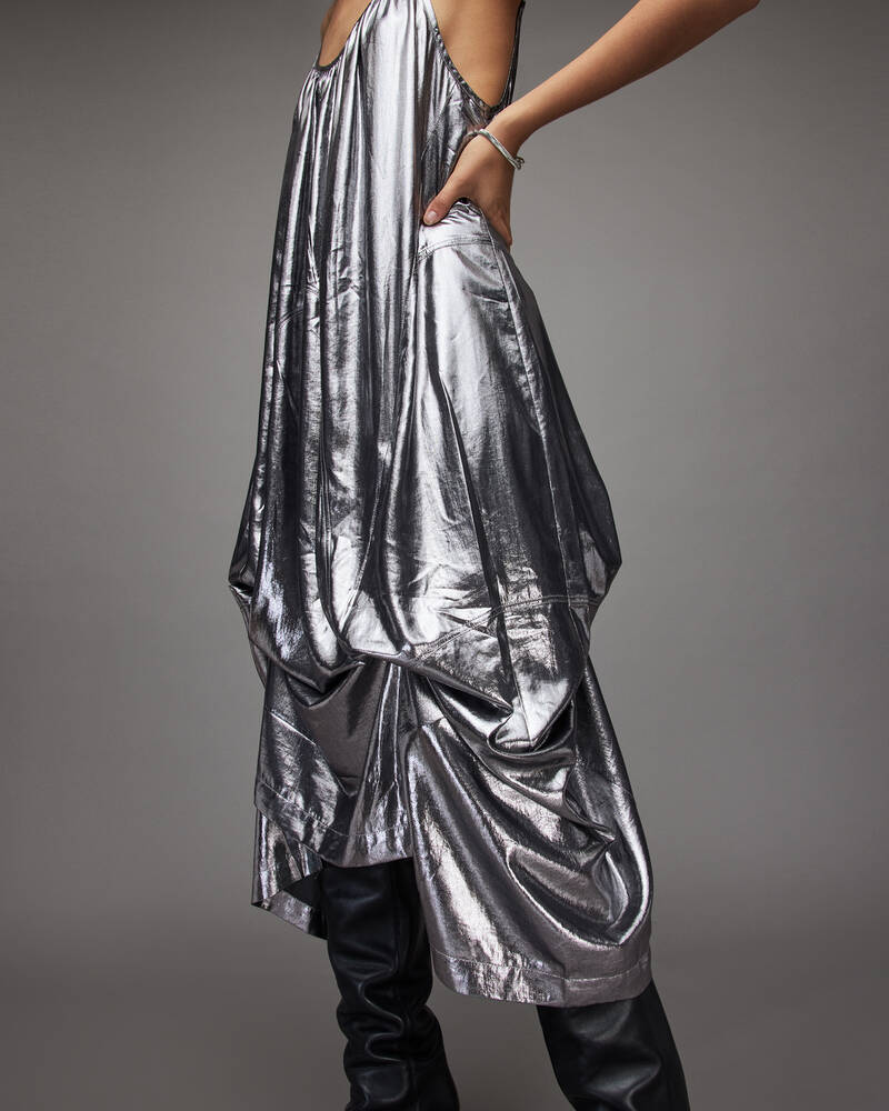 Silver Allsaints Areena Metallic Maxi Dress | WD258X-34