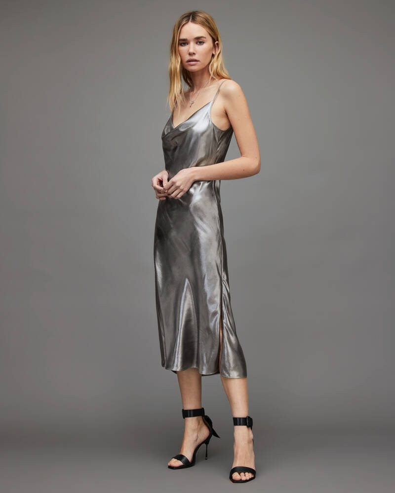 Silver Allsaints Hadley Metallic Midi Dress | WD300X-34