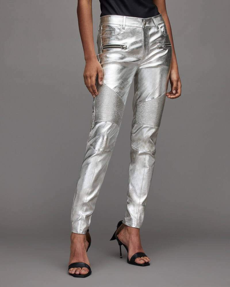 Silver Allsaints Suri Metallic Leather Biker Jeans | WL153X-34