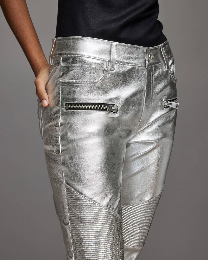 Silver Allsaints Suri Metallic Leather Biker Jeans | WL153X-34