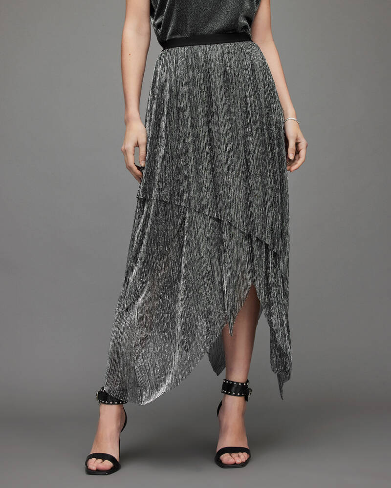 Silver Allsaints Veena Tulle Shimmer Midi Skirt | WS044X-34