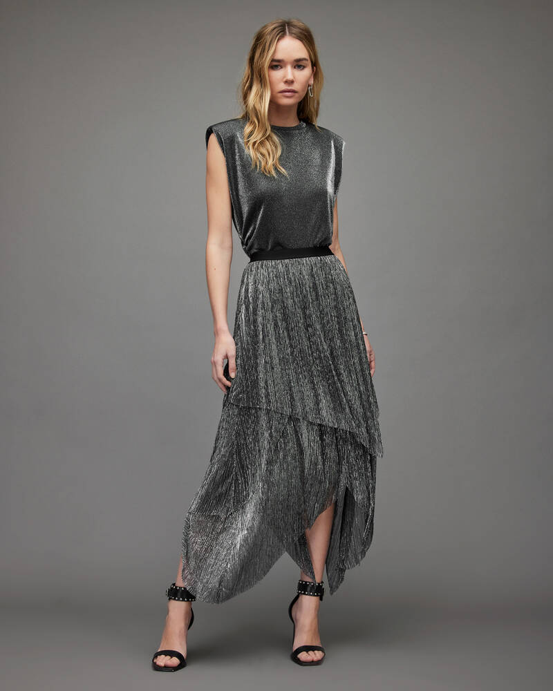 Silver Allsaints Veena Tulle Shimmer Midi Skirt | WS044X-34