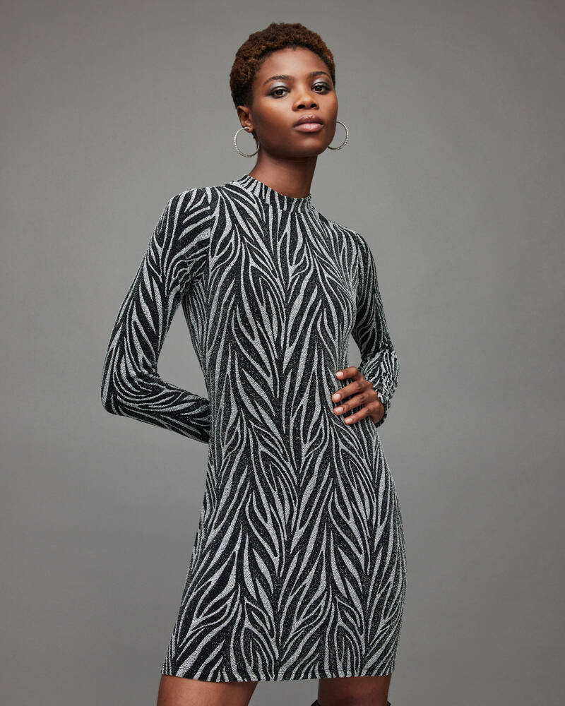 Silver/Black Allsaints Amaya Zebra Dress | WD251X-1484