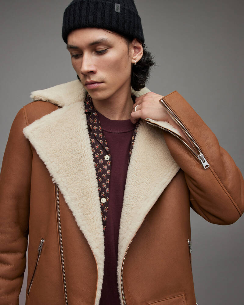 Tan/Natural Allsaints Xander Shearling Biker Jacket | ML082X-5980