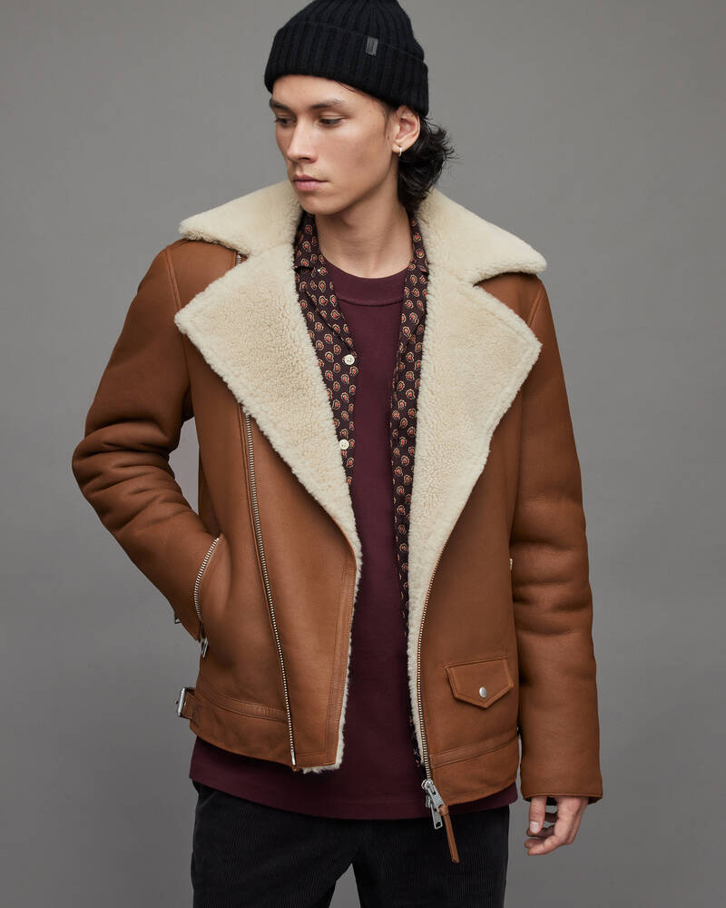 Tan/Natural Allsaints Xander Shearling Biker Jacket | ML082X-5980