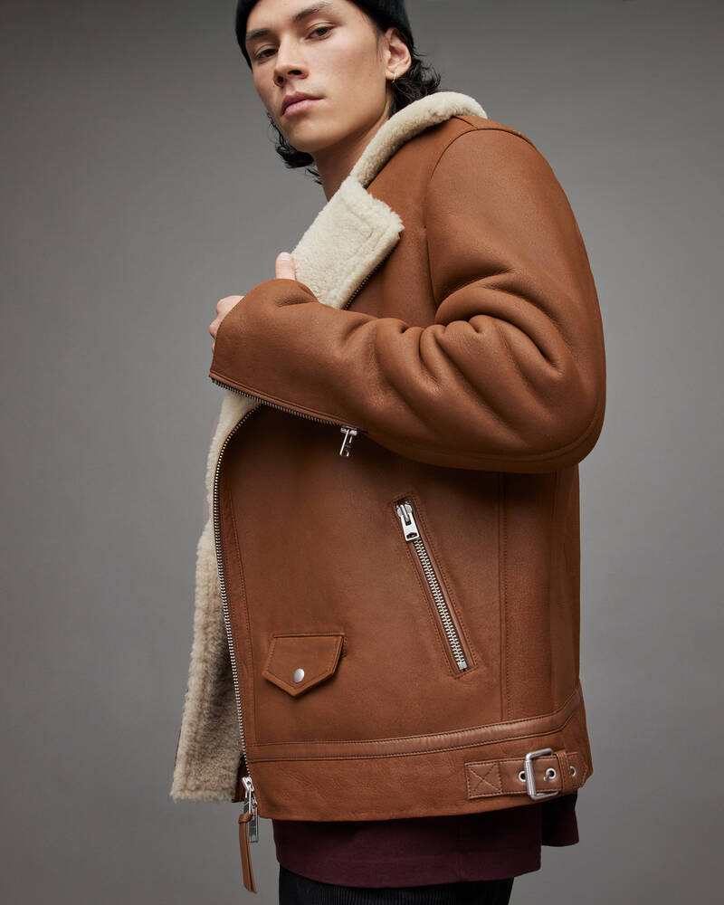 Tan/Natural Allsaints Xander Shearling Biker Jacket | ML082X-5980