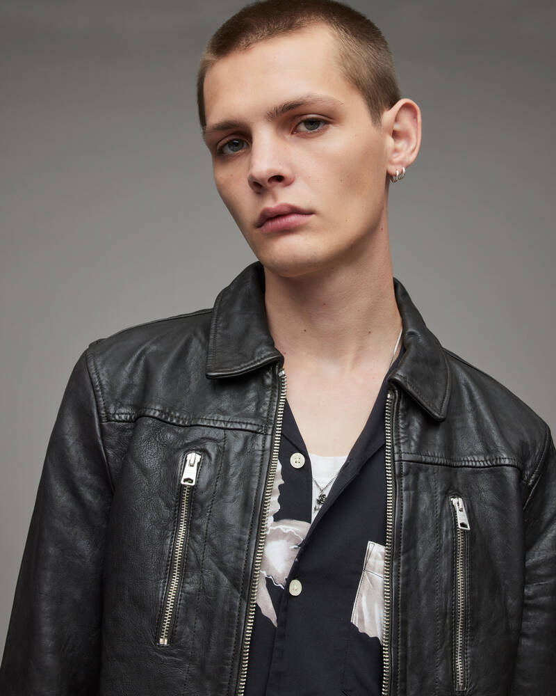 Washed Black Allsaints Foster Leather Jacket | ML017X-162