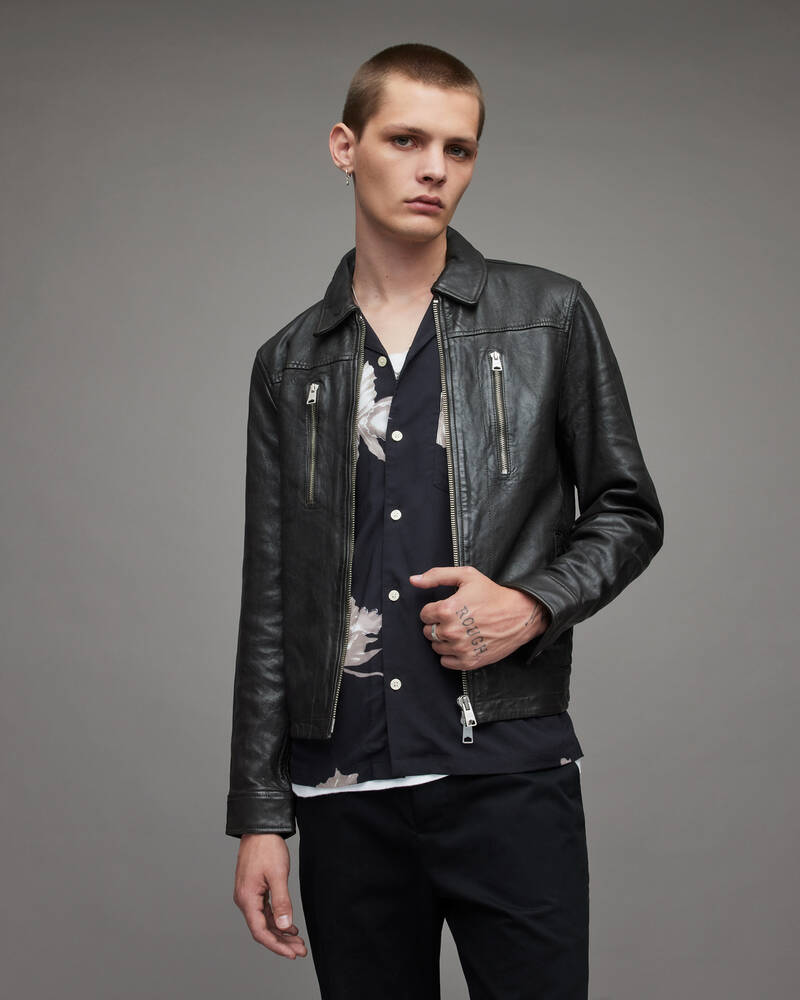 Washed Black Allsaints Foster Leather Jacket | ML017X-162