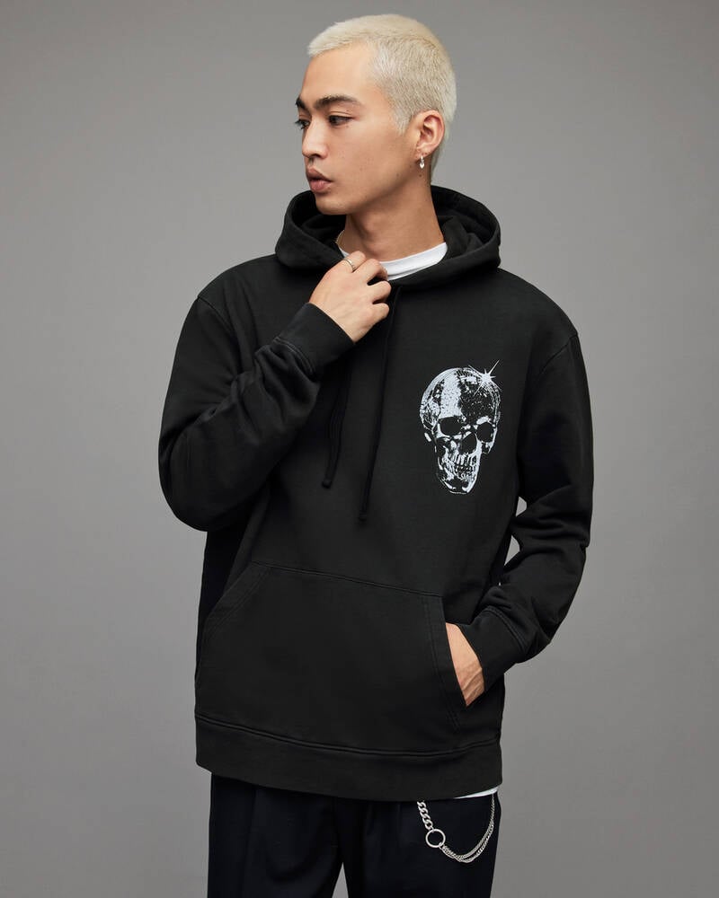 Washed Black Allsaints Mirror Skull Pullover Hoodie | MG216X-162