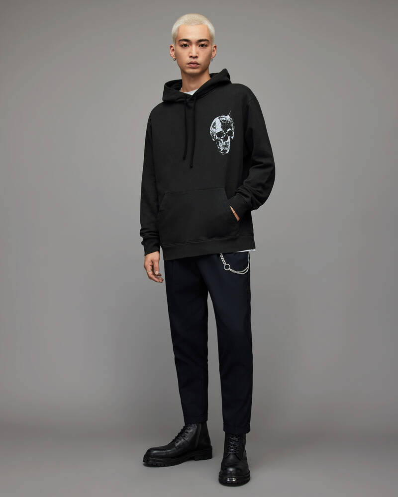 Washed Black Allsaints Mirror Skull Pullover Hoodie | MG216X-162