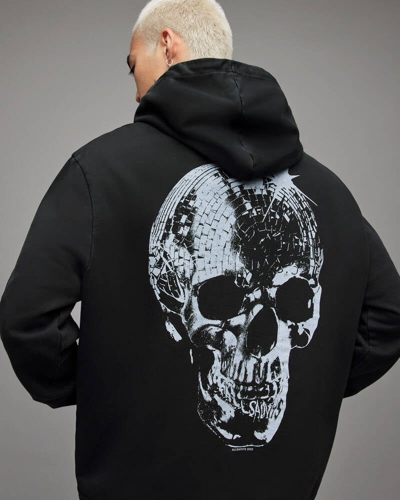 Washed Black Allsaints Mirror Skull Pullover Hoodie | MG216X-162