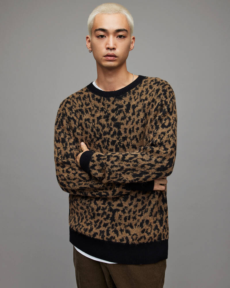 Yew Brown Allsaints Catt Leopard Crew Jumper | MK108X-7191